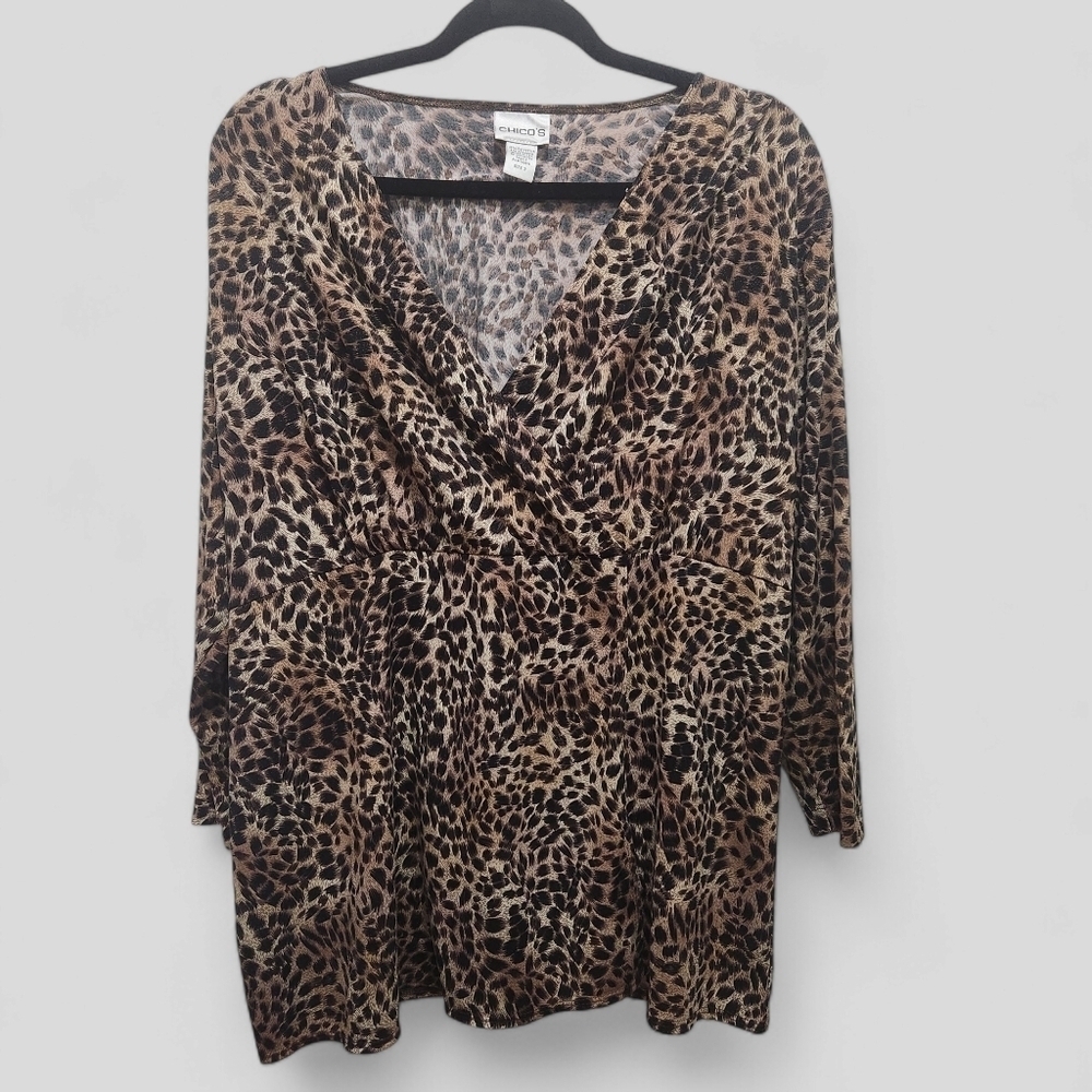 Chico's Faux Wrap Animal Leopard Print Size XL Brown Black Mobwife Career Peplum